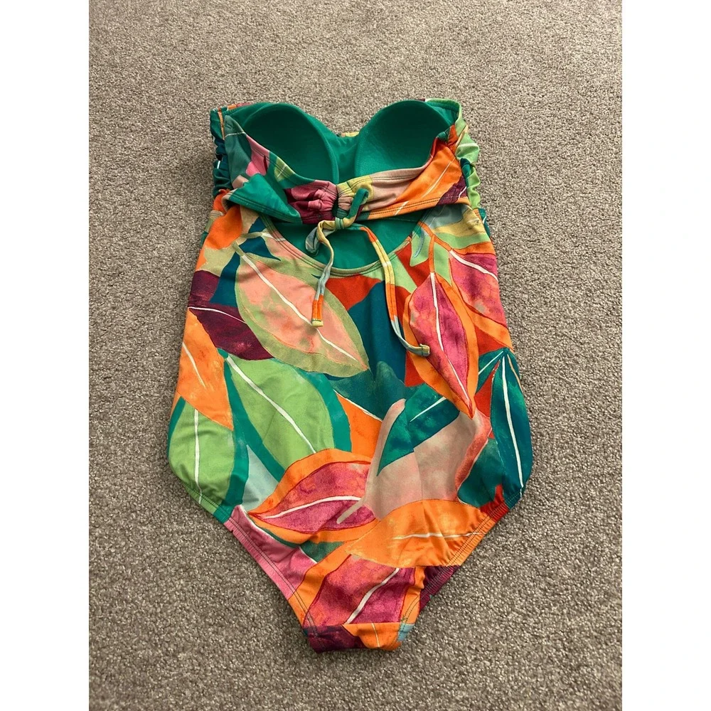 Time and Tru One Piece Swimsuit Womens Large 12-14 Green Tropical Leaf Excellent